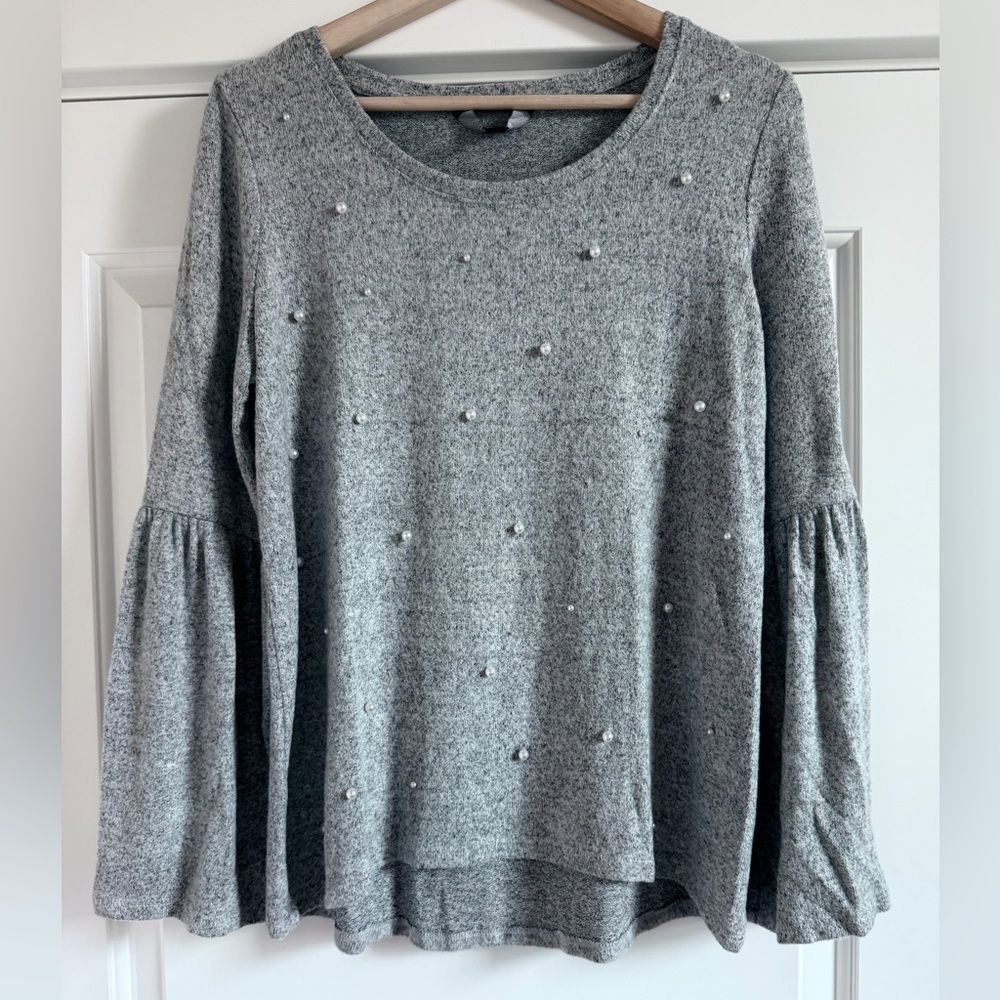 Simply Vera Vera Wang Heather Gray Sweater with Pearl Embellishments